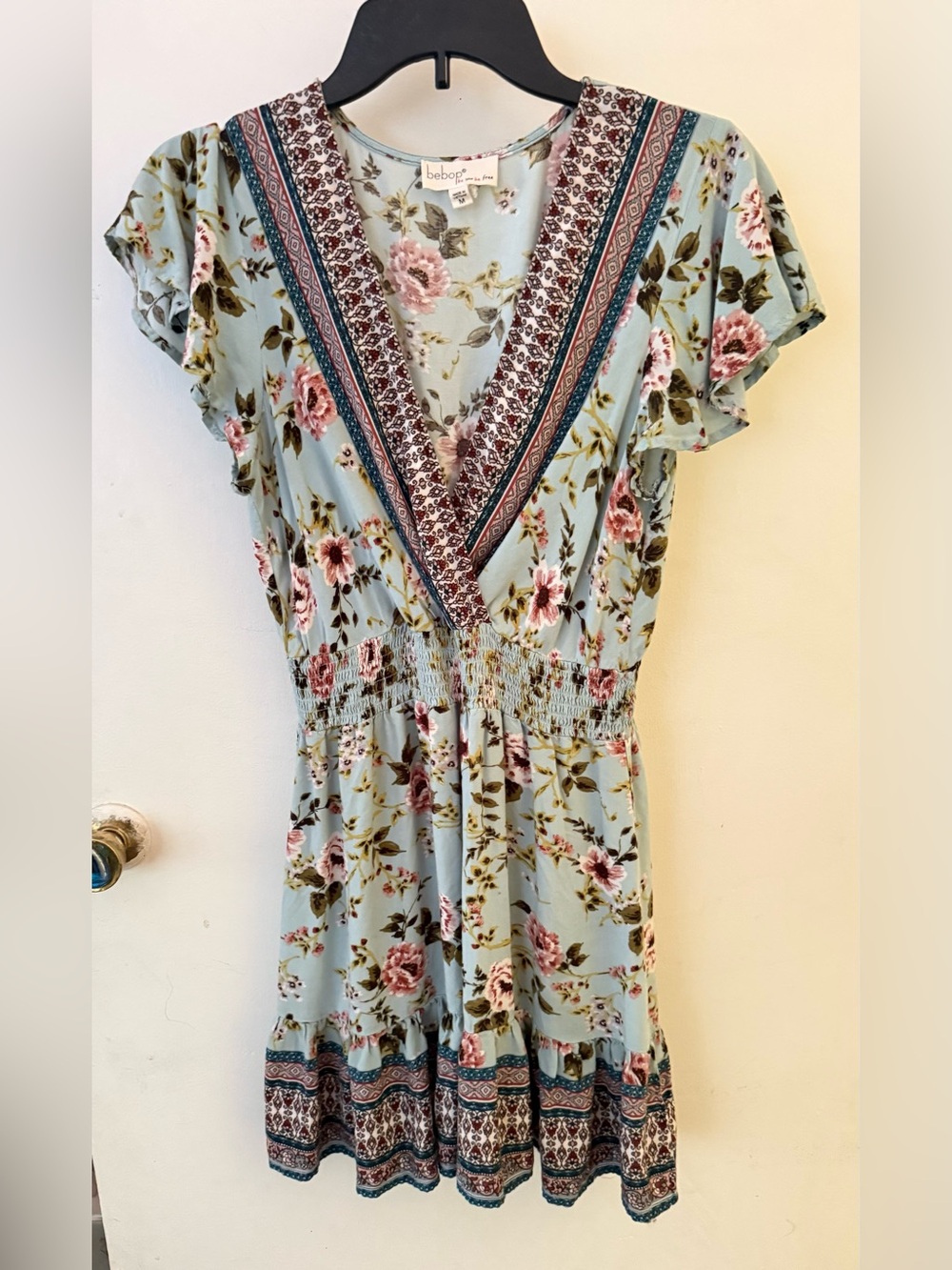 BeBop Floral V-Neck Short Spring and Summer Dress in Light Blue with Pink Roses